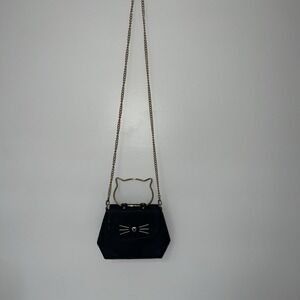 6N32/ Kitty Cat Themed Black Handbag with Gold Cat Face Shaped Hand Strap